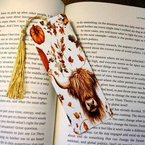 Highland Cow and Pumpkin Metal Bookmark with Tassel, Handmade, trending, books